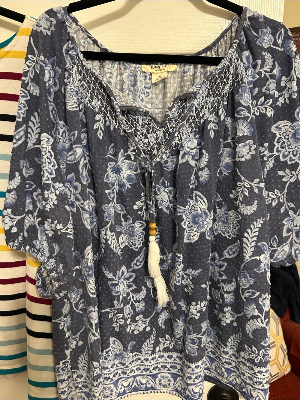 Ruby Rd. Blue Floral Peasant Tunic with Tassel